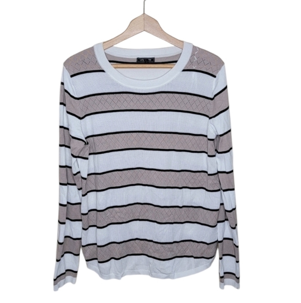 Stitch Fix Lety & Me White Tan Black Giada Pointelle Detail Striped Sweater Prep
